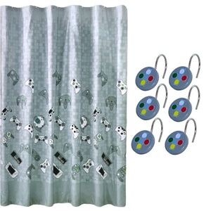 Gamer Shower Curtain Video Game Hook Set Fabric Curtain 70 X 72 Green Grey Mult